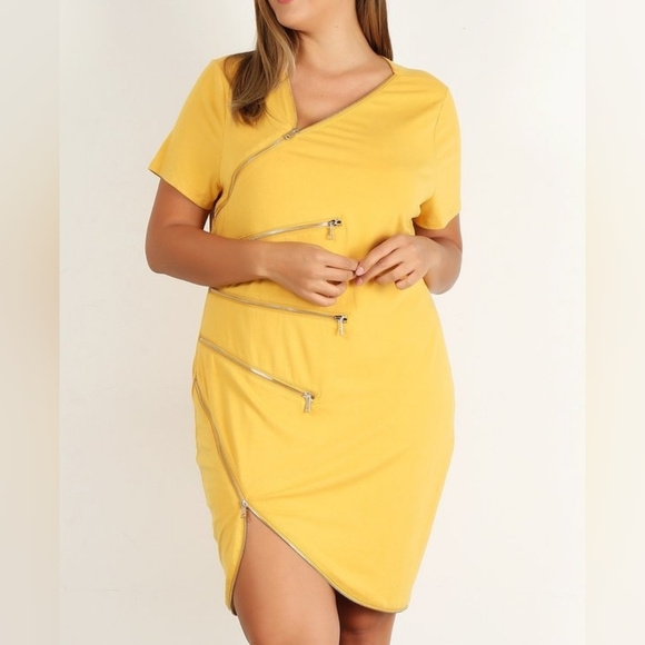 Haute Fox Dresses & Skirts - Bodycon Mustard Asymmetrical Zipper Dress Plus Sizes